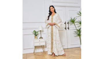 Latest Abaya Designs Luxurious Plain High Waist V-neck Printed Embroidery Lace Maxi Muslim Woman Dress Dubai for Women1
