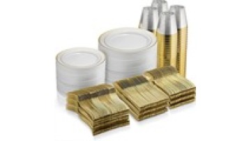 175 PCS Gold Rim Glitter Disposable Tableware for Parties Includes Dinner and Dessert Plates Silverware Cups and Knives1