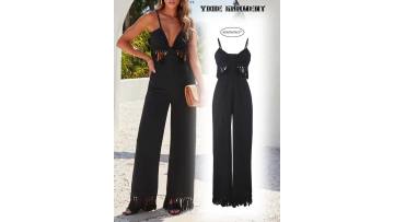 Black Tassel Fringes Open Back Wide Leg Jumpsuit