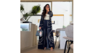 Custom Latest Abaya Muslim Modest Dresses 2 Pieces Pants Set Long Sleeve Open Abaya Turkey Printing Abaya Women Muslim Dress1