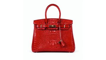 Crocodile skin embossed glossy leather handbag