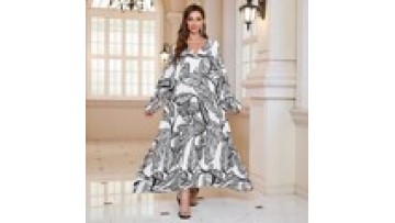 Printed Beach Cover-Up V-Neck Long Sleeve Maxi Dress Traditional Islamic Clothing Modest Vacation Robe1