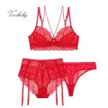 Varsbaby women sexy thin unlined 3/4 cup underwear floral lace 3 pcs bras+high-waist panties+thongs