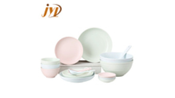 JINYUANLI 16 PCS Pink Light Green Sky Blue Embossed Waves Handmade Ceramic Pottery Dinnerware Set1