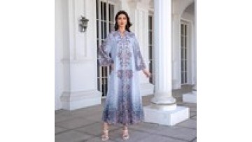 Middle East Muslim Breathable Summer Abaya Women Muslim Dress Elegant Printed Hot Diamond Long Sleeve Maxi Dress Dubai Abayas1