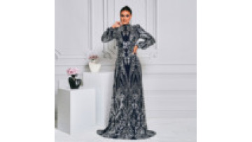 Popular Women Dress High Neck Long Sleeves Prom Dress Sequin Design Abayas Trailing Evening Dress for Women1