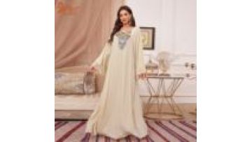 Custom Logo Muslim Womens Maxi Long V-neck Long Sleeve Solid Color Embroidery Applique for Muslin Girl  Loose Maxi Dress1