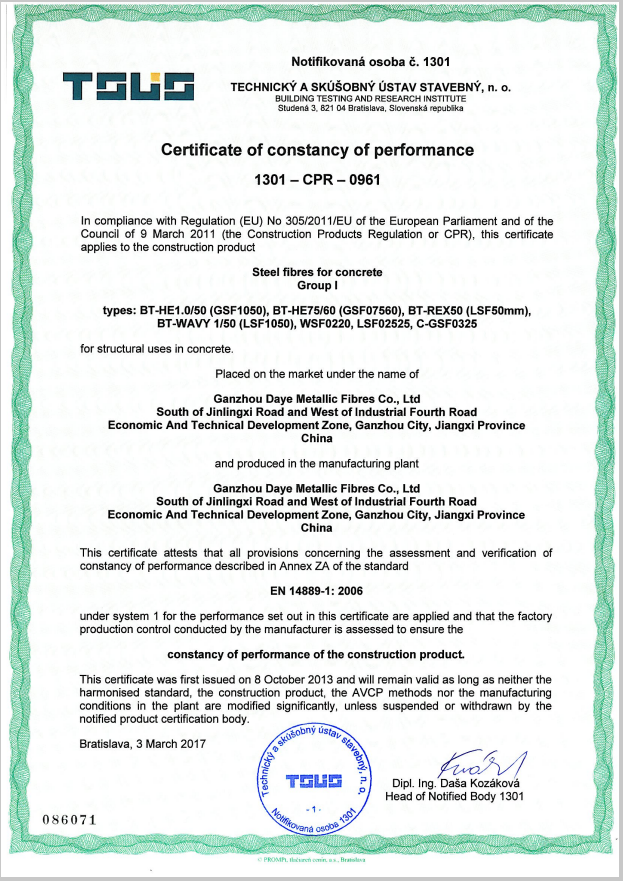Certificate of constancy of performance 