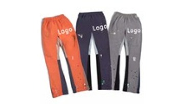 Men Custom Printed Logo Patchwork Wide Leg Streetwear Joggers Stacked Pants 100% Cotton Flare Sweatpants1