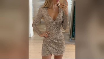 2020 New European and American autumn clothes sexy v-neck bag hip irregular short skirt sequin dinner dress evening1