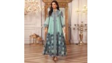 Vintage Middle Eastern Women's Eid Dress Muslim Ethnic Abaya Jalabiya Turkish Elegant Printed Rhinestones Islamic Ramadan Robe1