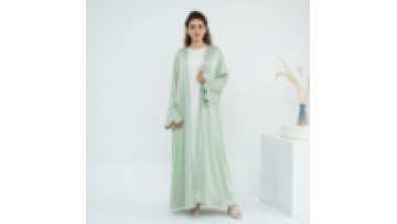 Luxury Diamond Sleeve Abaya Dubai Light Green Satin Cardigan Elegant Muslim Women Dress1