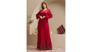 Red Dubai Abaya for Women Hand-Sewn Rhinestones Vintage Style Polyester Islamic Dress with Belt for Winter Summer Autumn Eids1