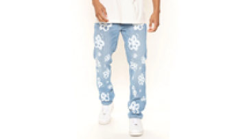 Custom High Fashion Loose Light Blue Washed Denim Jeans Pant With Flower Printed For Man1