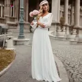 Simple White Wedding Dress Boho Ever Pretty Elegant A-Line V-Neck Chiffon Long Sleeve Robe Sexy Bridal Gown Bride To Be 2021