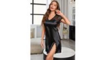 Summer Sexy Transparent Sleepwear Nightgown for Women Ice Silk Pajamas Short-Sleeve Mesh Stitching Solid Women's Pajamas1
