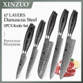 XINZUO 5 PCS Kitchen Knives Set Japanese VG10 Damascus Stainless Steel Cleaver Chef Utility Knife Razor Sharp Pakka Wood Handle