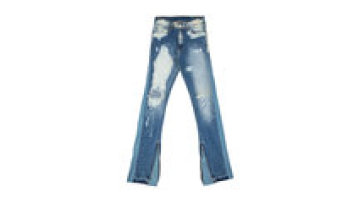 Wholesale Custom Logo Side Stripe Ripped Blue Washed Distressed Hem Men Flare Jeans1