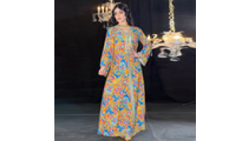 AB305 Moroccan Ramadan Turkish Casual  Floral Print  Dresses for Womens Home Gold Ironed Diamond Long Robe Dress1