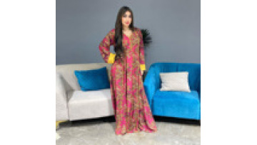 New Release V Neck Flower Print Abaya Dress Morocco Kaftan Long Robe Wholesale Patchwork Maxi Dress for Muslim Women1