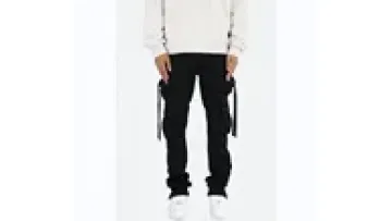 Men Loose Fit Black Straight Leg Strapped Cargo Denim Stacked Jeans Custom 100% Cotton Multi Cargo Pockets Pants1