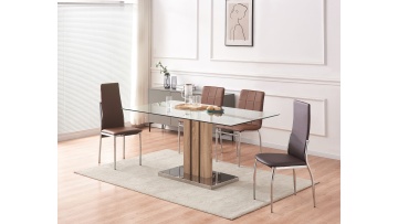 Minimally shaped MDF with paper, rectangular tempered glass dining table with center pillar