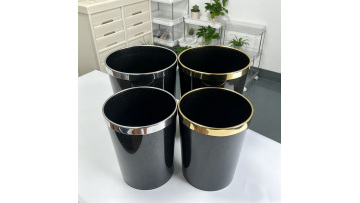 Glossy Black Open-Top Trash Can with Gold Silver Accent for Home