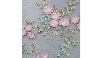 Wholesale in stock flat embroidery fabric polyester tulle net with  Milk thread and metal thread flat embroidery fabric1