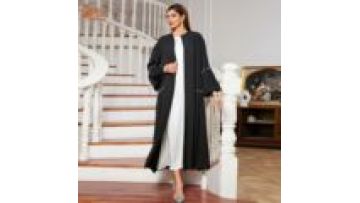 Uni Customization Fashion Turkish Caftan Solid Pearl Full Sleeve Pleated Open Abaya Muslim Clothing Casual Loose Abaya1