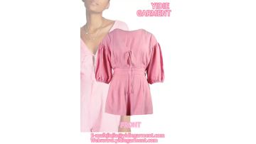 Puff-Sleeved Cotton and linen Romper - SDHKAN23323