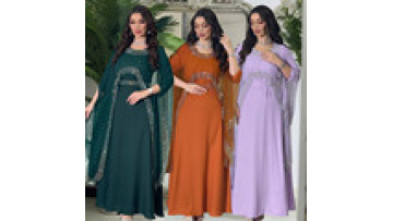 2025 Dubai Arab Muslin Women's Abaya Diamond Dress Evening Party Dress Shawl Robe Muslin Round Neck Dress1