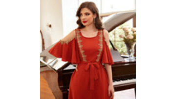 Burnt Orange Leaky Shoulder Design Ruffle Sleeve Dress Middle Eastern Family Party Maxi Dress1