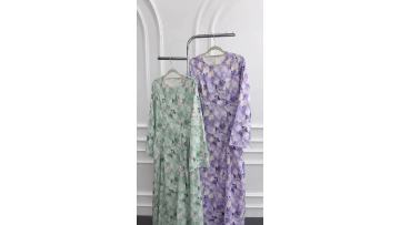 Green Floral Print Lace-Up Waist A-Line Abaya