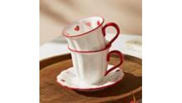 Mr&Mrs Breakfast Tea Milk Cup with Plate, Korean Style Red Heart Pattern, 200ML Ceramic Espresso Coffee Mug and Saucer Set1