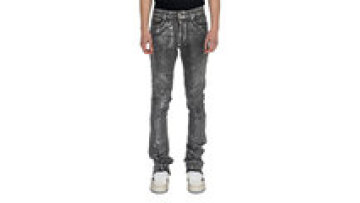 Mens Custom Black Washed Slim Skinny Wax Denim Washed Coated Flare Stacked Jeans Men1