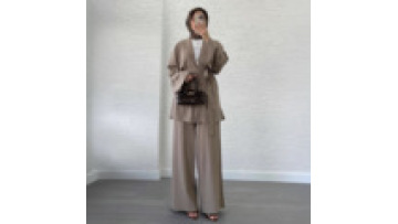 2025 Autumn Muslim Open Top with Pants Two-piece Set New Casual Loose Open-front Top Suit Belt Middle Eastern Women's Clothing1