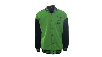 green embroidery screen print varsity jacket
