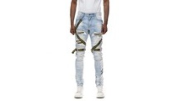 Custom Style Jean For Man Belt Wrapped Ribbon Around Ripped Distressed Letter Denim Pants1