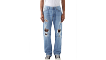 OEM Baggy Simple Patch Logo Side Zipper Denim Jeans with Distress Holes1