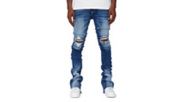 Custom Men Stacked Jeans Full Length Blue Wash Relaxed Fit Ripped Jeans For Men Skinny Raw Hem Distressed Trousers1