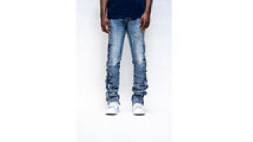 Custom Flare Denim Jeans Fabric Full Length Ripped Jean For Men Blue Wash Side Zipper Fly  Pants Trousers1