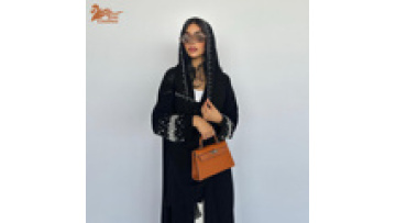 New Fashion Black Long Sleeve Open Abaya With Hijab Bead Diamond Sleeve Muslim Women Middle East Kimono Cardigan1