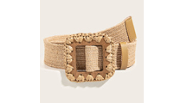 Khaki Square Wood Buckle Rattan Braided Elastic Waist Belt1
