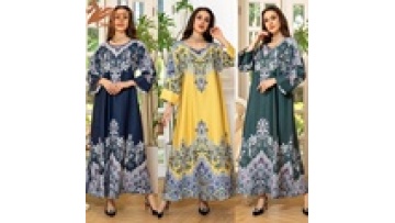 Middle East Pullover Printing Women's Fashion Pullover Printed Rhinestone Pearl Dress Islamic Abaya Muslim Arab Loose Long Dress1