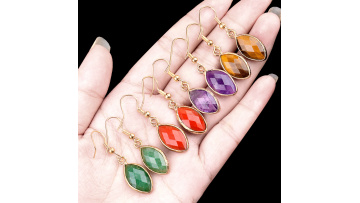Gemstone Faceted Horse Eye Pendant Wrapped Gold Charms Drop Earrings