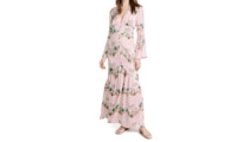 Elegant Crepe Floral Print V Neck Empire Saist Tiered Skirt Maxi Dress1