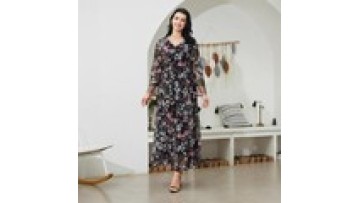 Women Maxi Dresses Casual Full Sleeve Floral Printed V-Neck Breathable Chiffon Muslim Abayas Loose Long Casual Dress1