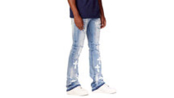 Custom Flare Denim Jeans Fabric Full Length Ripped Jean For Men Blue Wash Side Zipper Fly Pants Trousers1