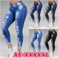 Washed Ripped Jeans Women Plus Size S-5XL Korean High Waist Trousers Skinny Denim Jeans Black Blue Hollow Bleached Pencil Pants