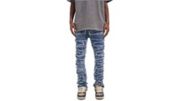 New Men's Jeans Indigo All Over Distress Patch Works Embroidery Stacked Jeans Denim Jeans Custom Artworks1